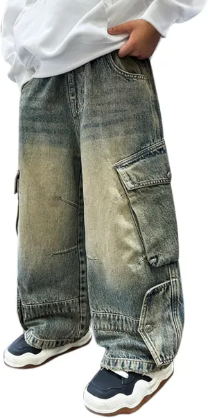 Boys Baggy Jeans Cargo Denim Pants Kids Elastic Waist Trousers Flap Pocket Vintage Streetwear Jeans Tracksuit Wide Leg