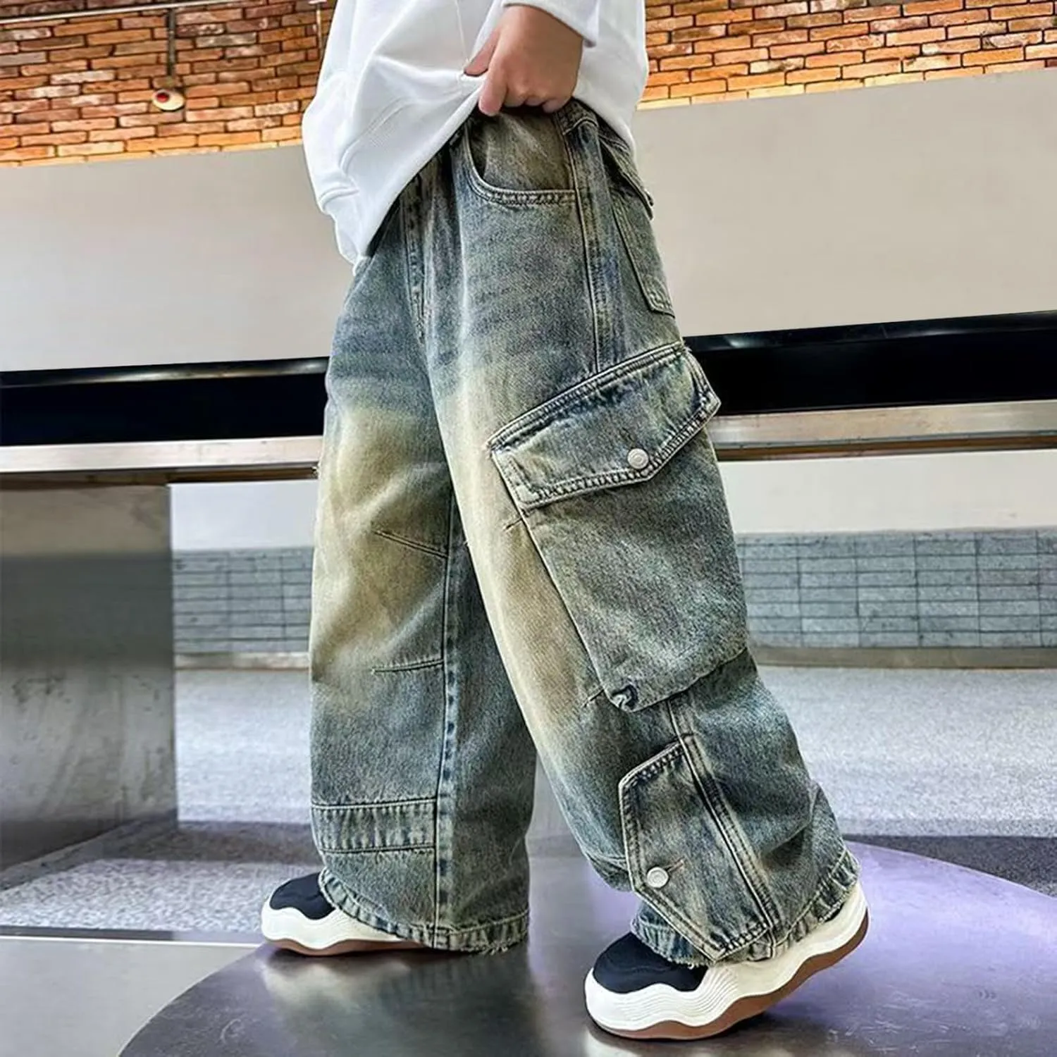Boys Baggy Jeans Cargo Denim Pants Kids Elastic Waist Trousers Flap Pocket Vintage Streetwear Jeans Tracksuit Wide Leg