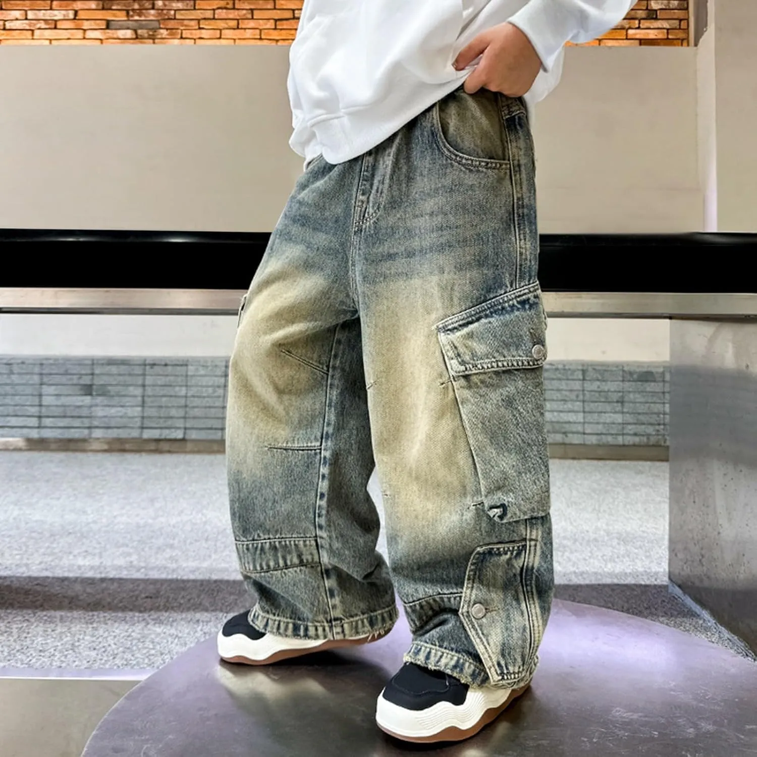 Boys Baggy Jeans Cargo Denim Pants Kids Elastic Waist Trousers Flap Pocket Vintage Streetwear Jeans Tracksuit Wide Leg