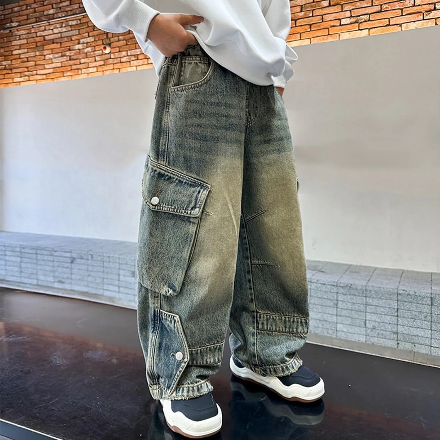 Boys Baggy Jeans Cargo Denim Pants Kids Elastic Waist Trousers Flap Pocket Vintage Streetwear Jeans Tracksuit Wide Leg
