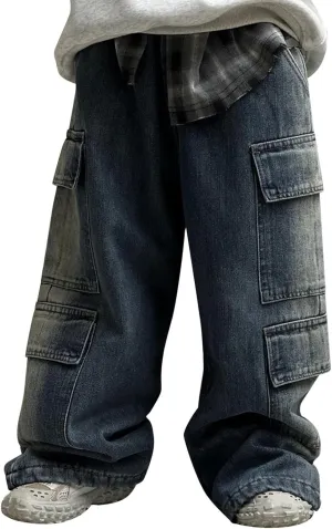 Boys Baggy Jeans Cargo Denim Pants Kids Wide Leg Elastic Waist Trousers Flap Pocket Vintage Jean School Clothing