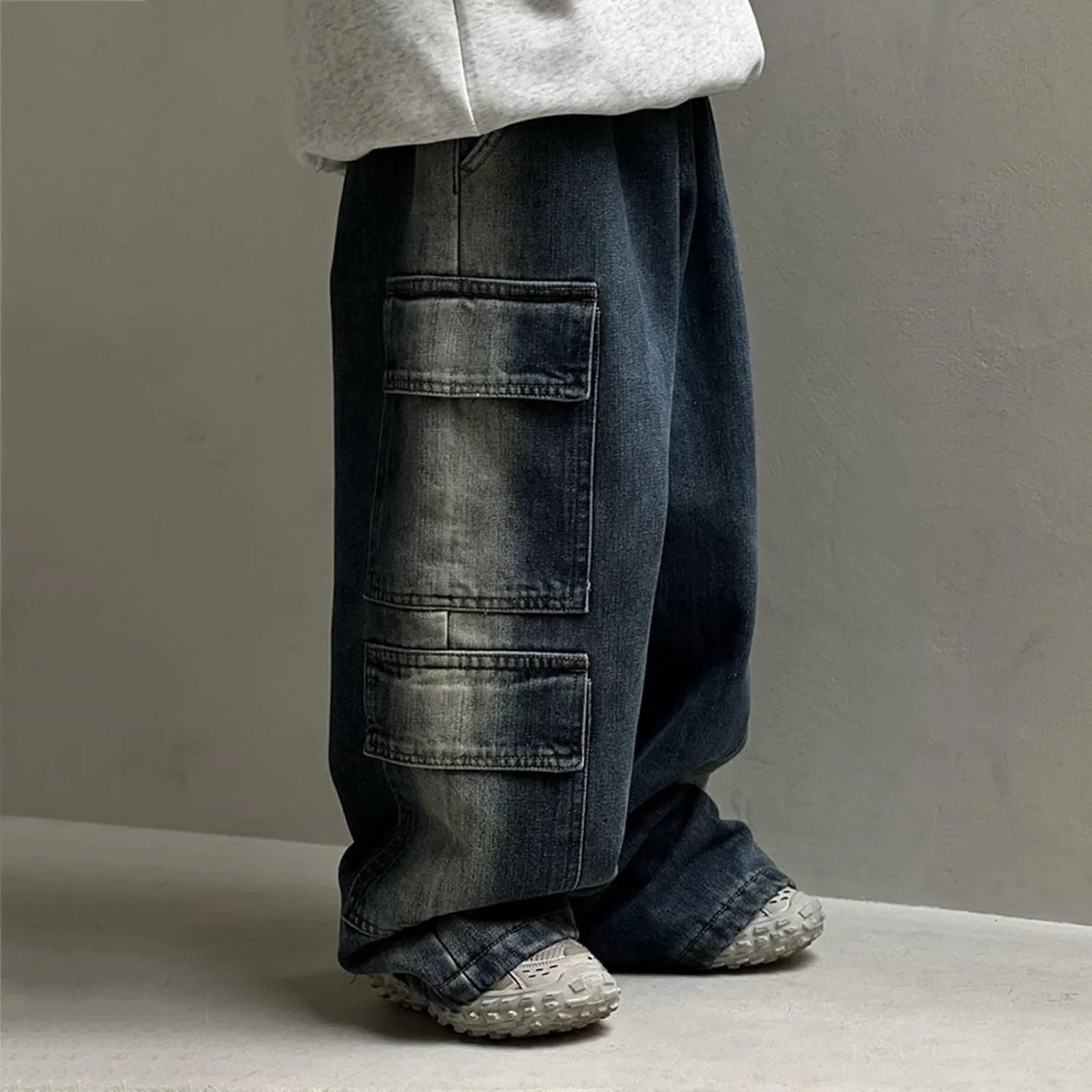 Boys Baggy Jeans Cargo Denim Pants Kids Wide Leg Elastic Waist Trousers Flap Pocket Vintage Jean School Clothing