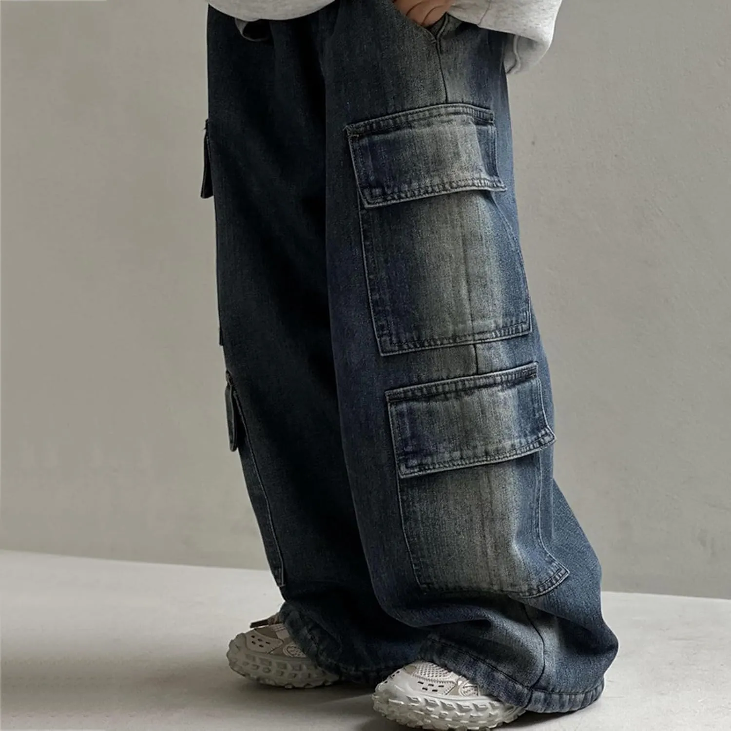 Boys Baggy Jeans Cargo Denim Pants Kids Wide Leg Elastic Waist Trousers Flap Pocket Vintage Jean School Clothing