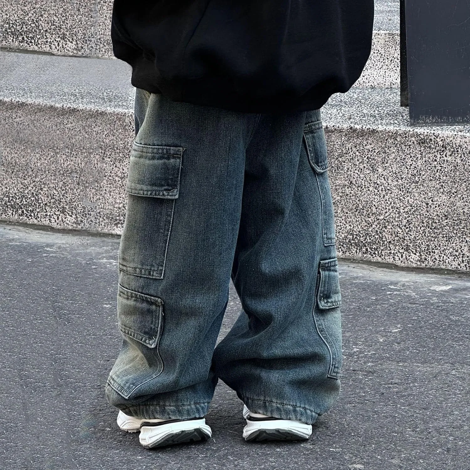 Boys Baggy Jeans Cargo Denim Pants Kids Wide Leg Elastic Waist Trousers Flap Pocket Vintage Jean School Clothing