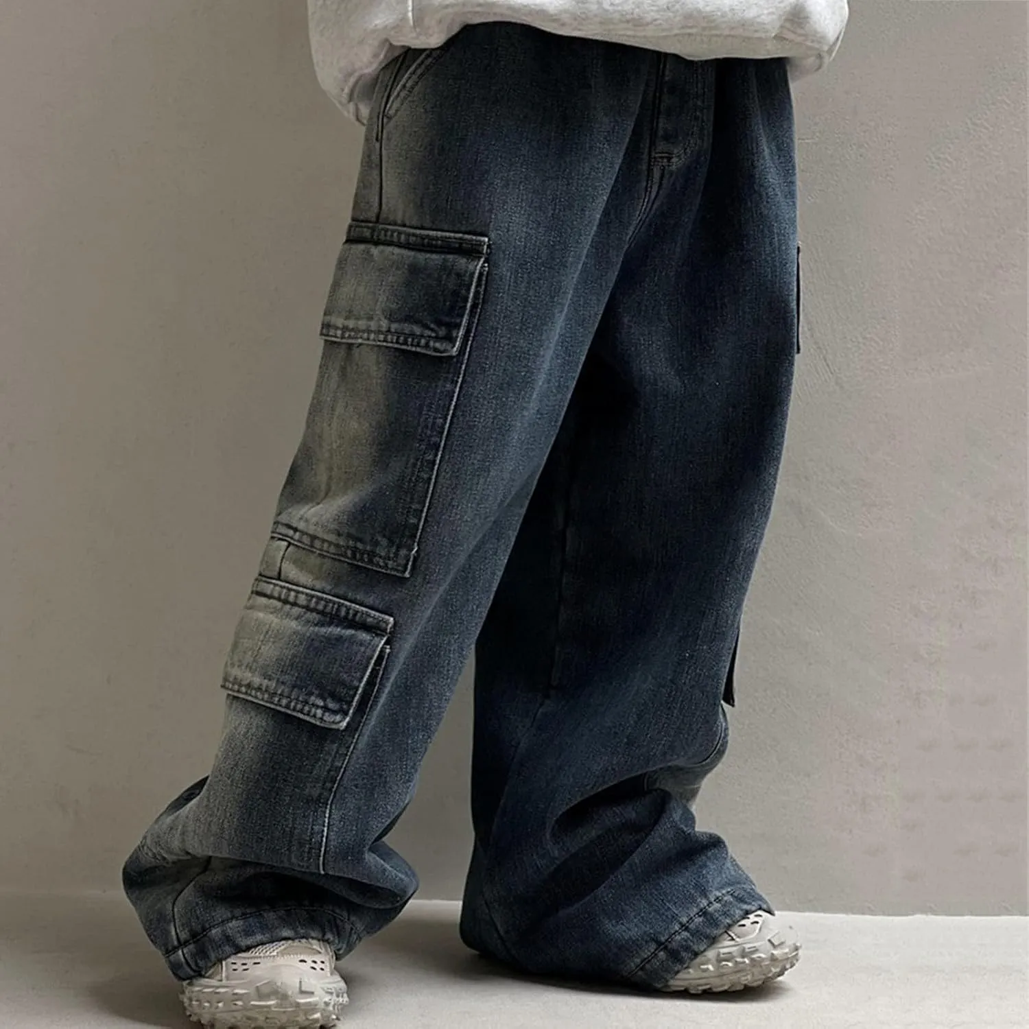 Boys Baggy Jeans Cargo Denim Pants Kids Wide Leg Elastic Waist Trousers Flap Pocket Vintage Jean School Clothing