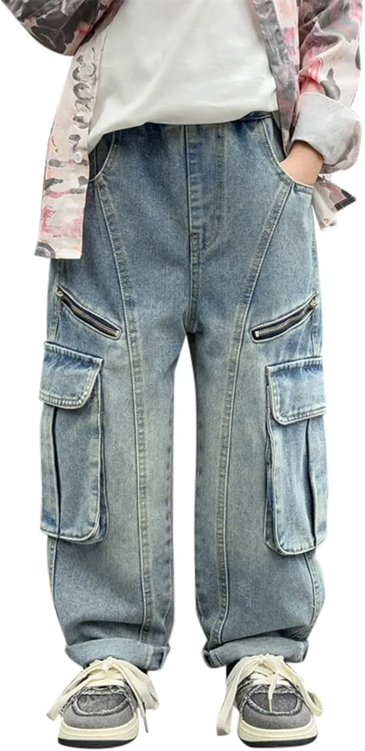 Boys Baggy Jeans Kids Denim Pants Cargo Wide Leg Trousers Flap Pocket Streetwear Vintage Jeans Tracksuit Clothing