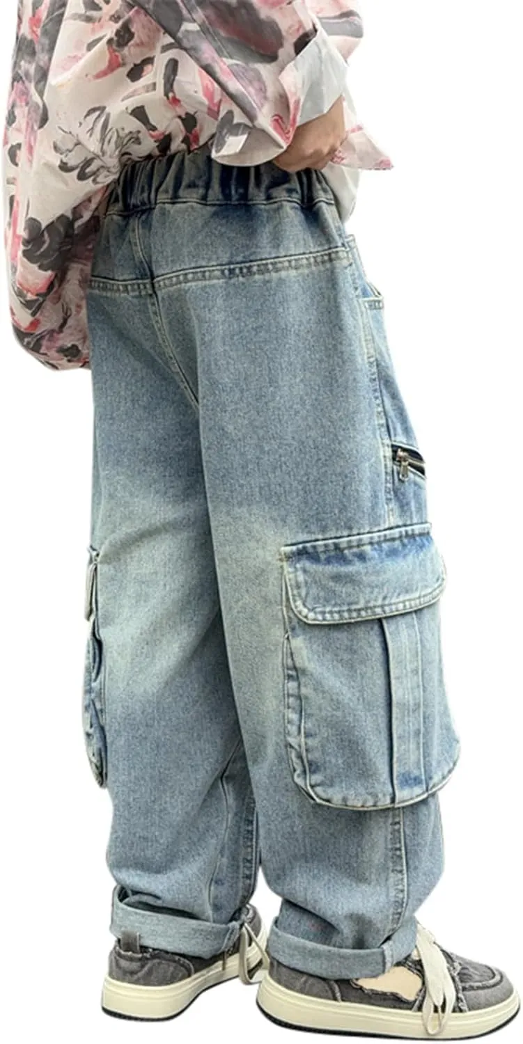 Boys Baggy Jeans Kids Denim Pants Cargo Wide Leg Trousers Flap Pocket Streetwear Vintage Jeans Tracksuit Clothing