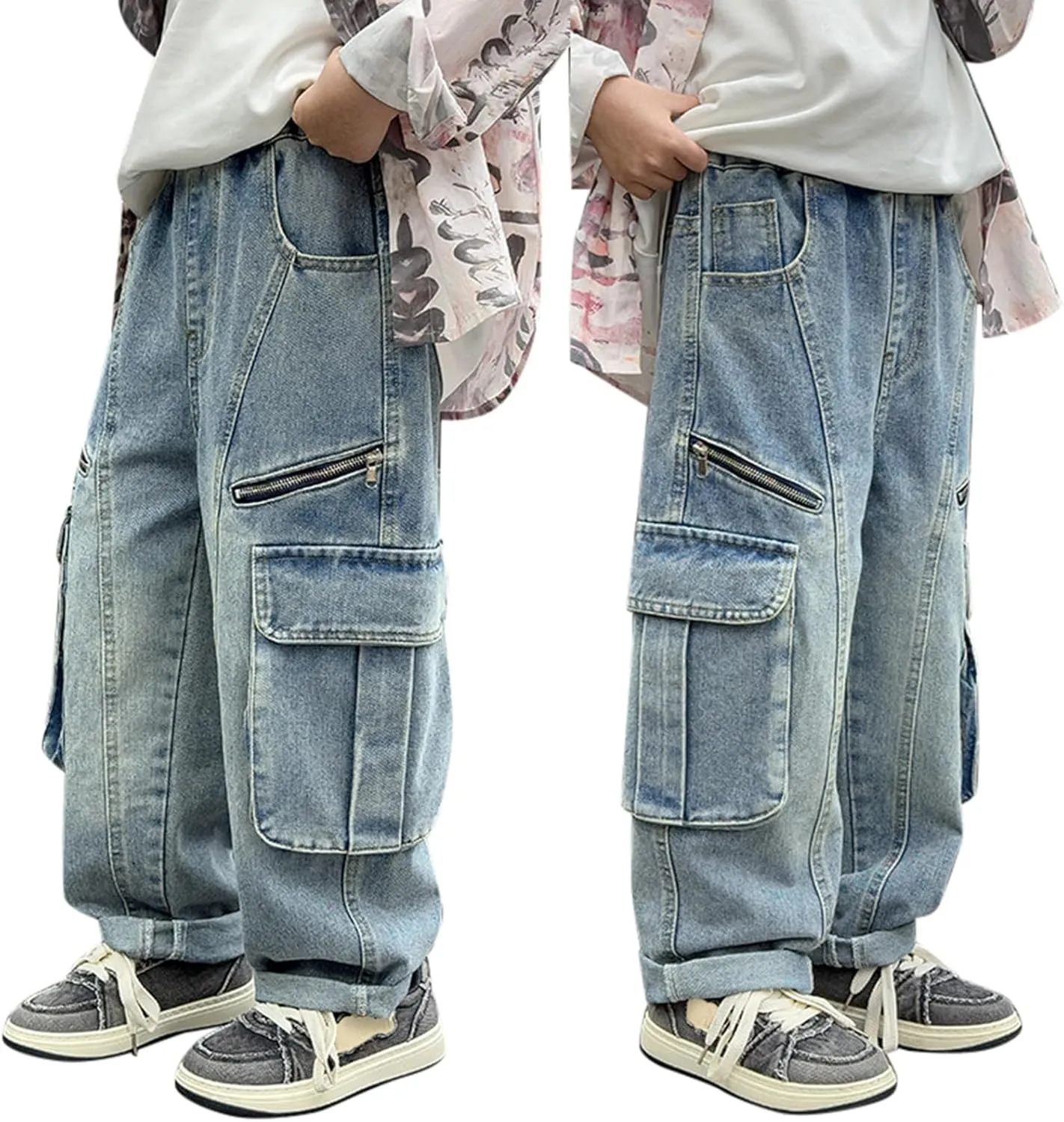 Boys Baggy Jeans Kids Denim Pants Cargo Wide Leg Trousers Flap Pocket Streetwear Vintage Jeans Tracksuit Clothing