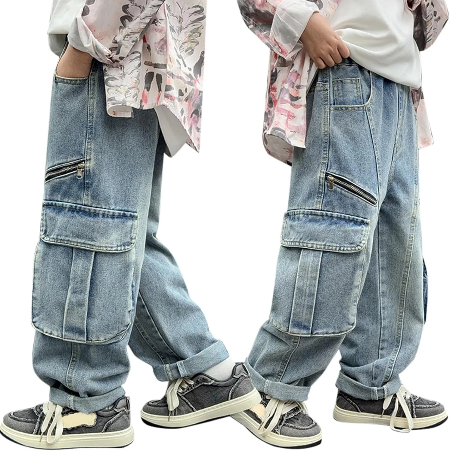 Boys Baggy Jeans Kids Denim Pants Cargo Wide Leg Trousers Flap Pocket Streetwear Vintage Jeans Tracksuit Clothing