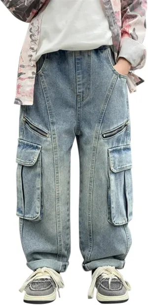 Boys Baggy Jeans Kids Denim Pants Cargo Wide Leg Trousers Flap Pocket Streetwear Vintage Jeans Tracksuit Clothing