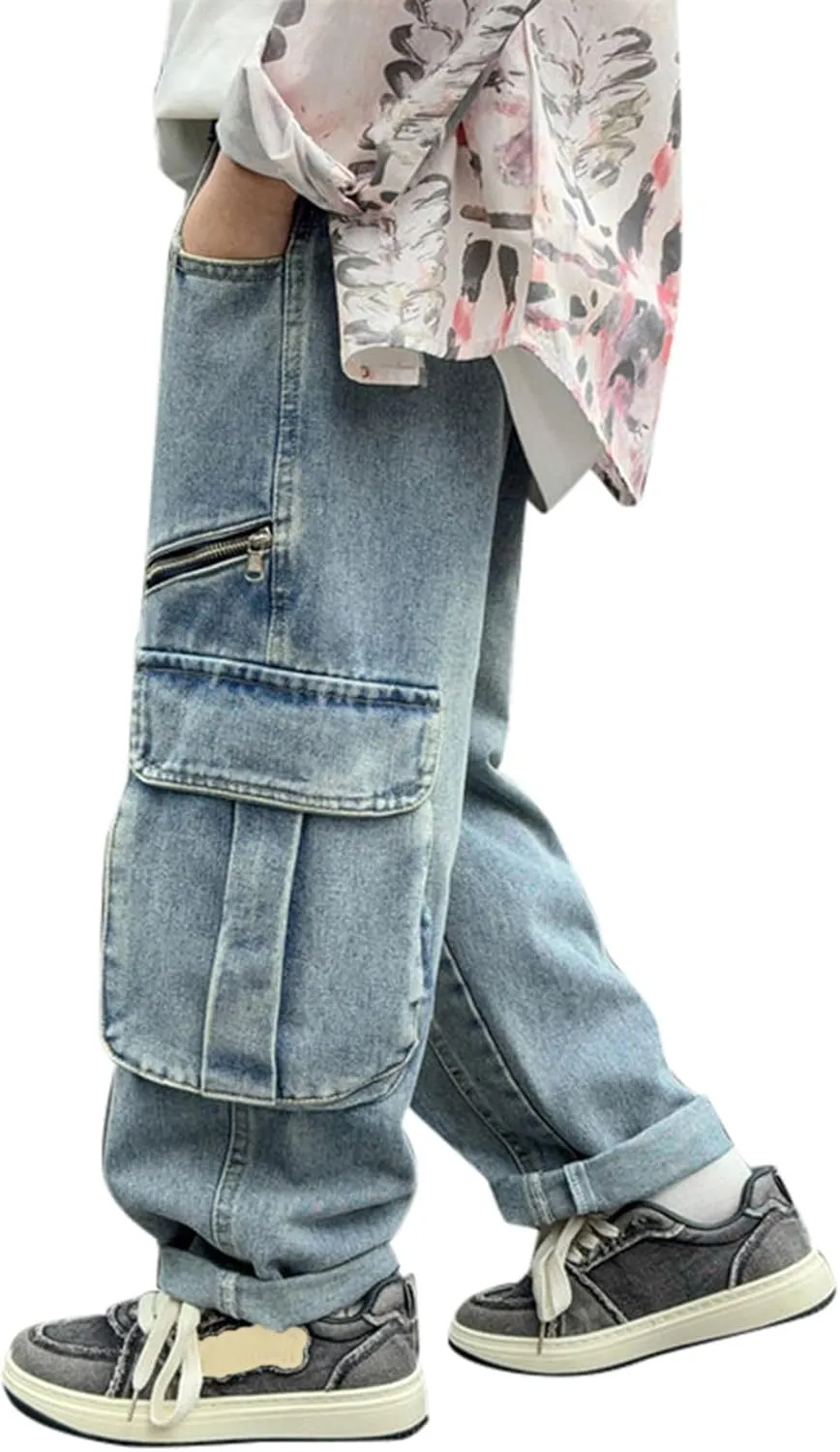 Boys Baggy Jeans Kids Denim Pants Cargo Wide Leg Trousers Flap Pocket Streetwear Vintage Jeans Tracksuit Clothing