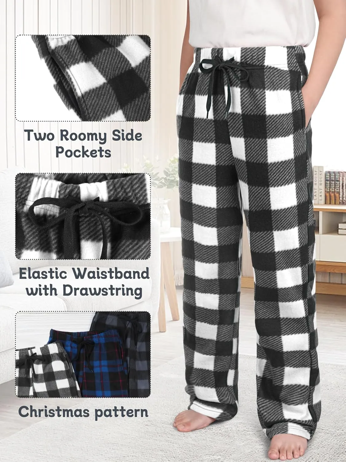 Boys Pajama Pants Kids Soft Micro Fleece Pajama Bottoms Boy's Plaid Sleepwear PJ Lounge Pants with Drawstring Pockets