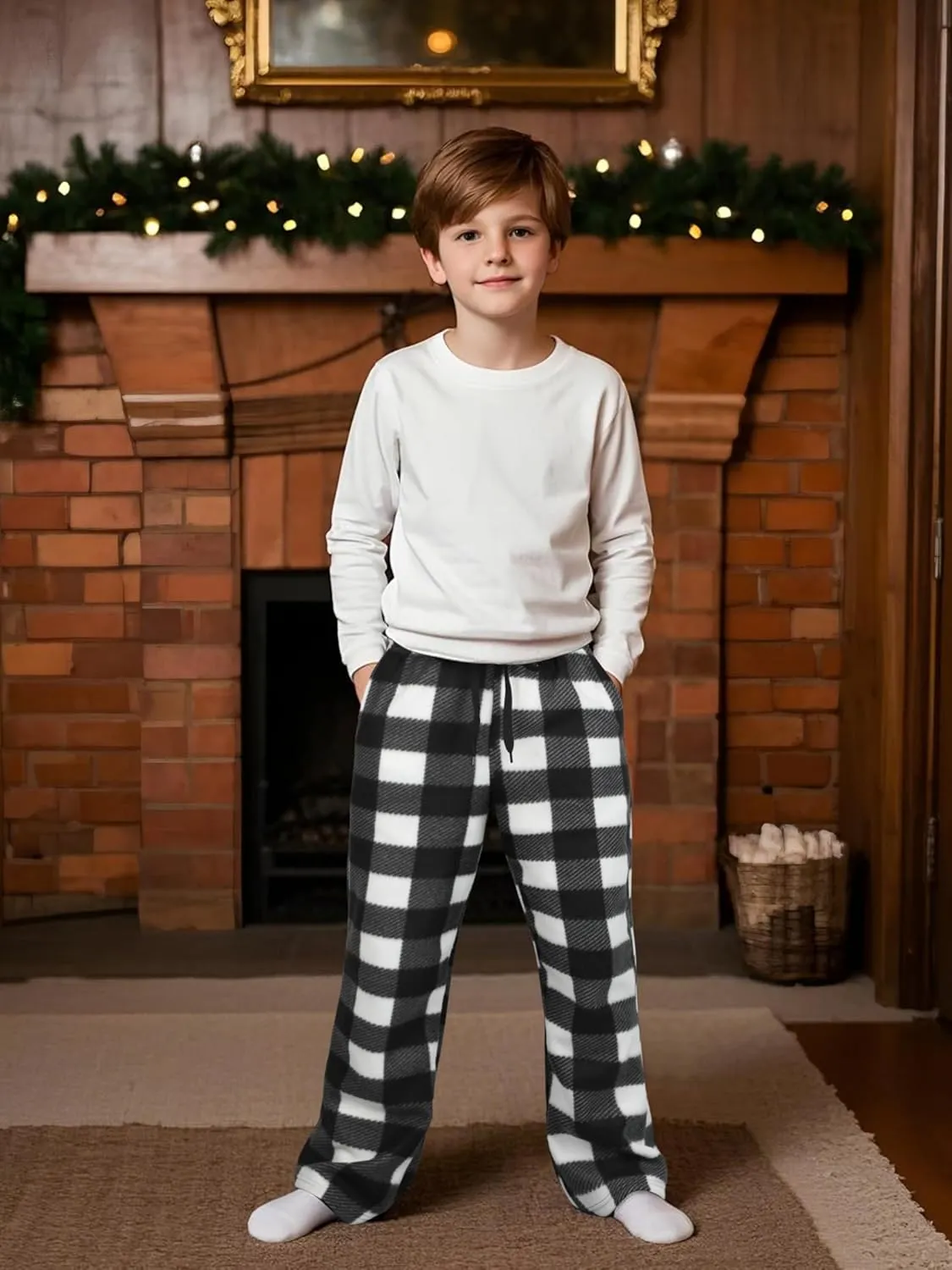 Boys Pajama Pants Kids Soft Micro Fleece Pajama Bottoms Boy's Plaid Sleepwear PJ Lounge Pants with Drawstring Pockets