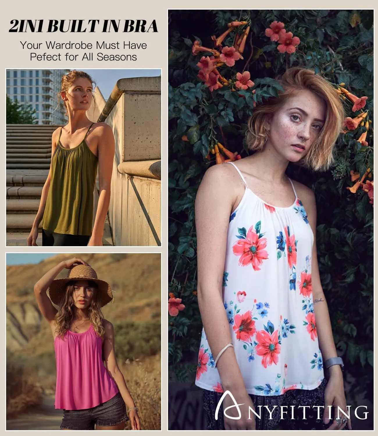 Camisoles for Women with Built in Bra Adjustable Strap Tank Tops Cami Sleeveless Summer Tops for Workout Sleeping Traveling