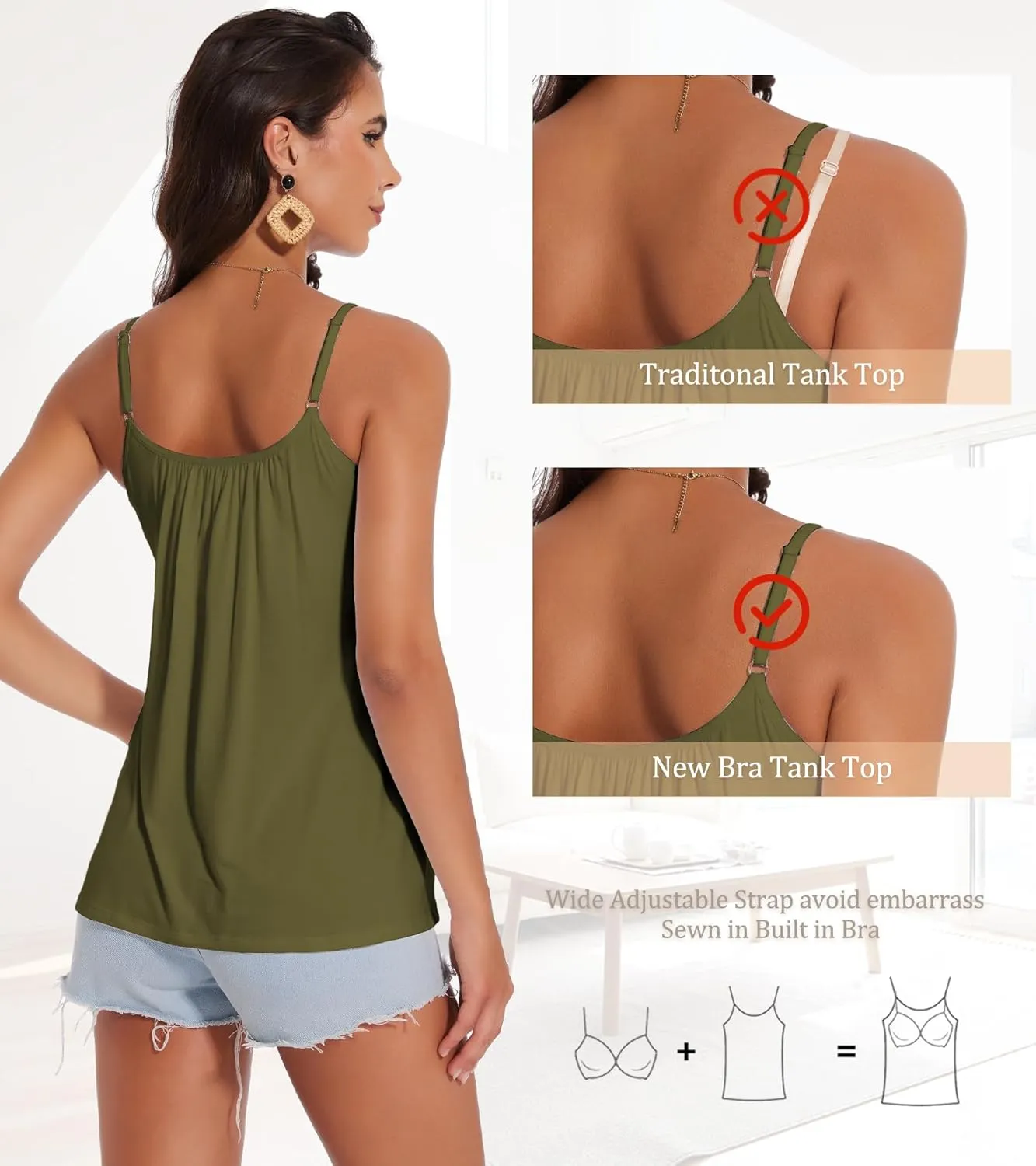 Camisoles for Women with Built in Bra Adjustable Strap Tank Tops Cami Sleeveless Summer Tops for Workout Sleeping Traveling