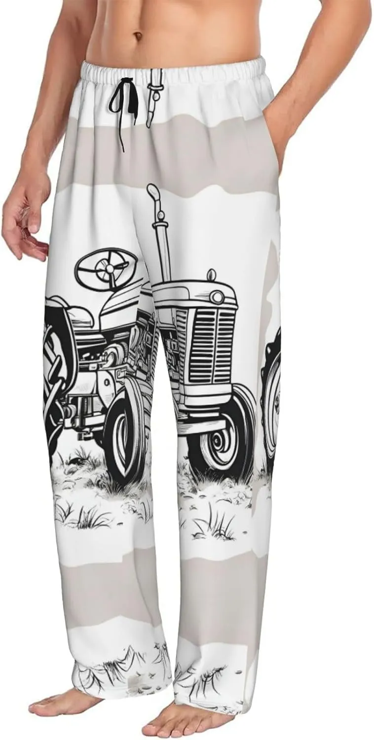 Cartoon Tractor Print Men Relaxation Pajama Pants Soft Lightweight Lounge Bottoms With Drawstring Pants
