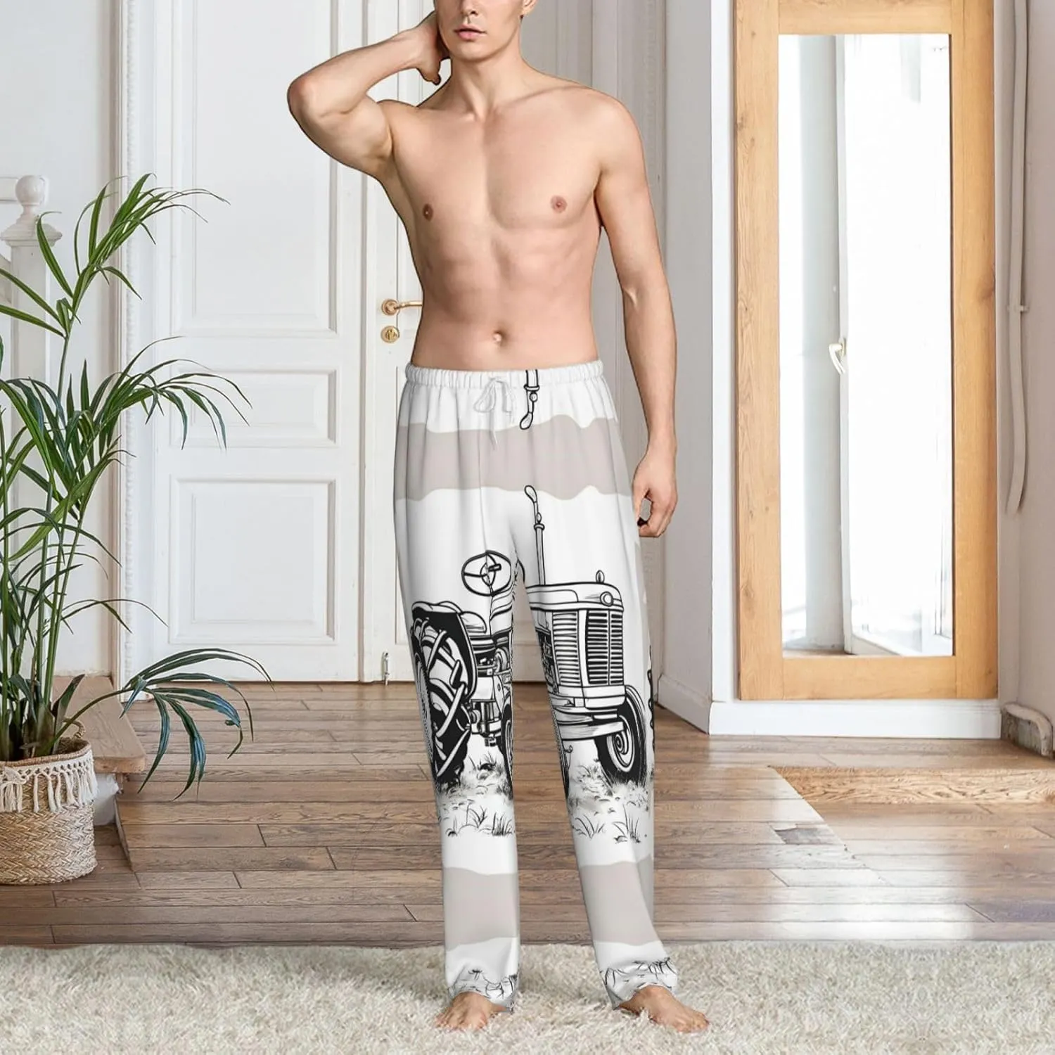 Cartoon Tractor Print Men Relaxation Pajama Pants Soft Lightweight Lounge Bottoms With Drawstring Pants