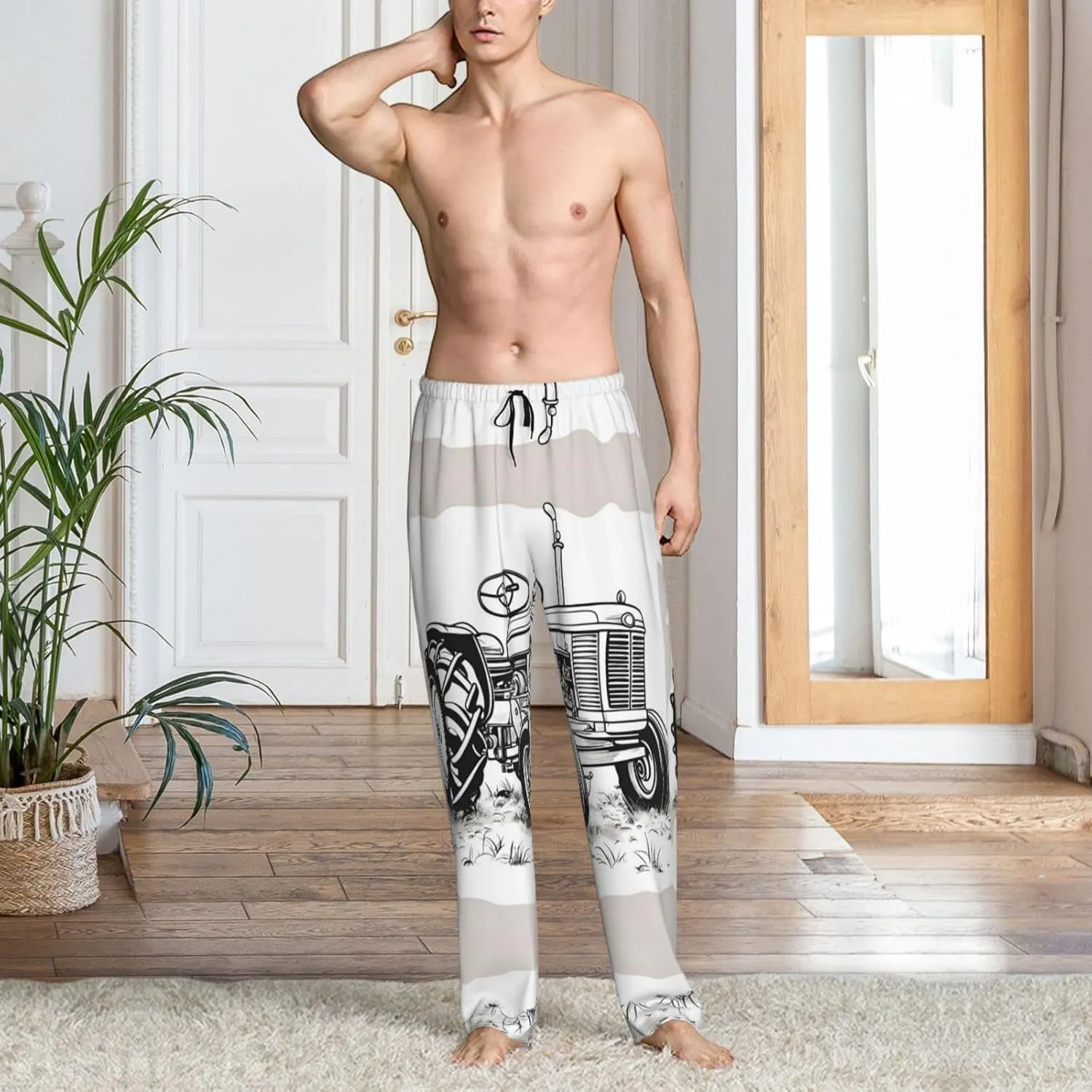 Cartoon Tractor Print Men Relaxation Pajama Pants Soft Lightweight Lounge Bottoms With Drawstring Pants