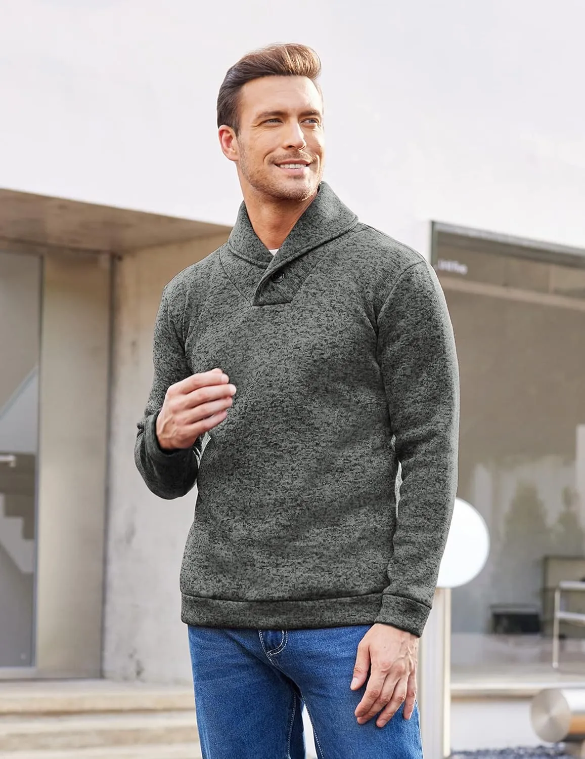 COOFANDY Men Dress Sweater Shawl Collar Sweatshirt Fashion Light Fleece Sweatshirt Dark Blue