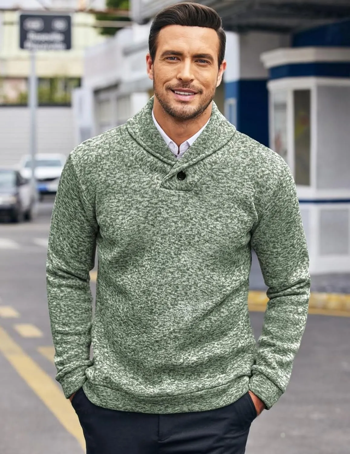 COOFANDY Men Dress Sweater Shawl Collar Sweatshirt Fashion Light Fleece Sweatshirt Dark Blue
