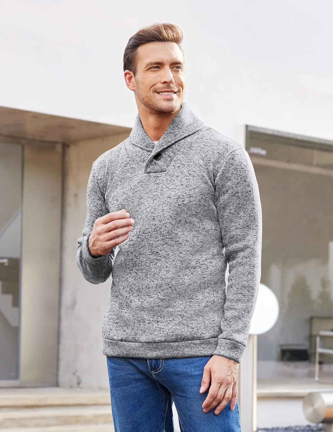 COOFANDY Men Dress Sweater Shawl Collar Sweatshirt Fashion Light Fleece Sweatshirt Dark Blue