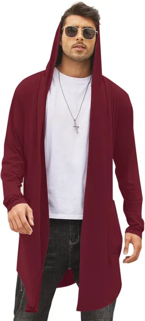 COOFANDY Men's Long Hooded Cardigan Shawl Collar Lightweight Open Front Drape Cape Overcoat with Pockets