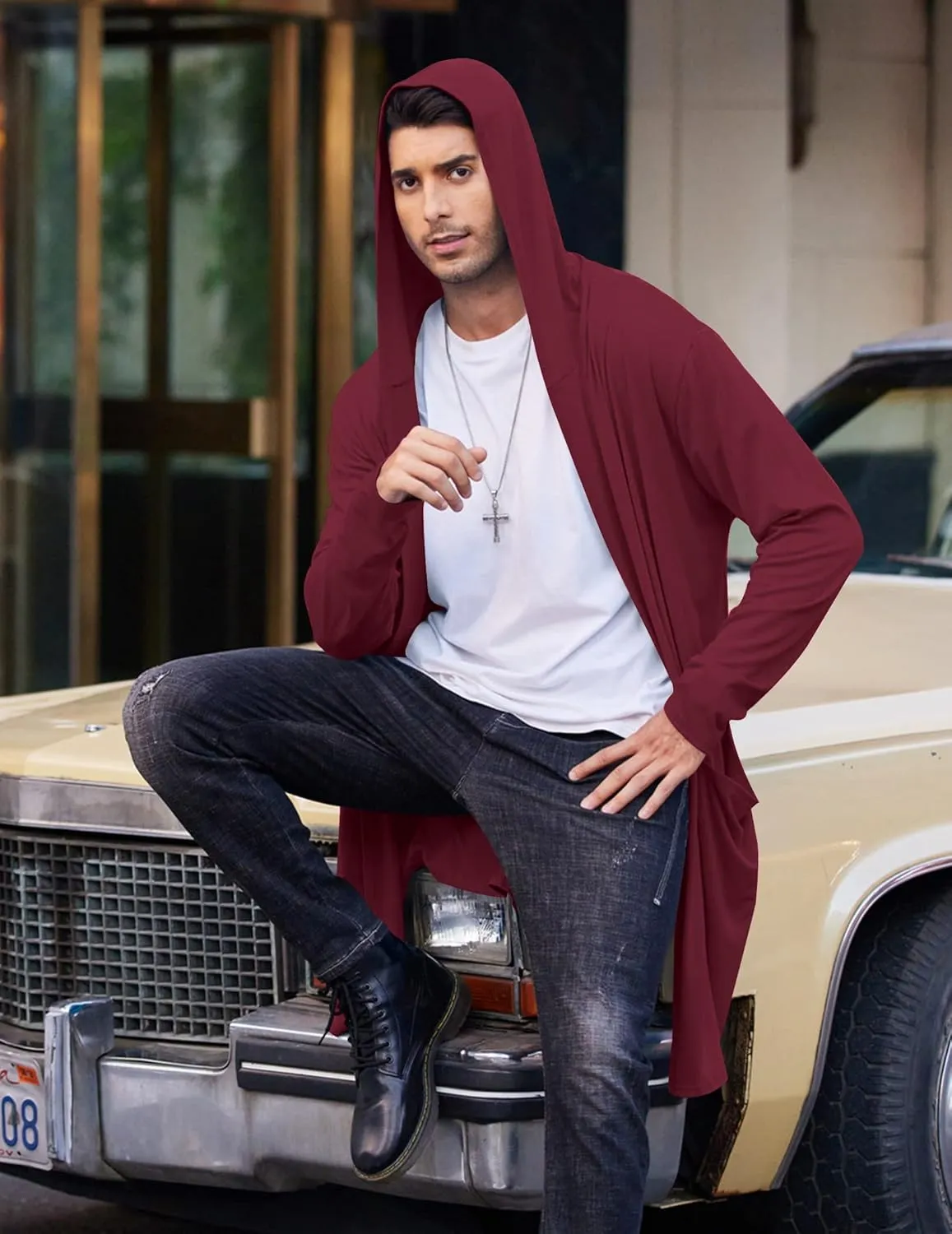 COOFANDY Men's Long Hooded Cardigan Shawl Collar Lightweight Open Front Drape Cape Overcoat with Pockets