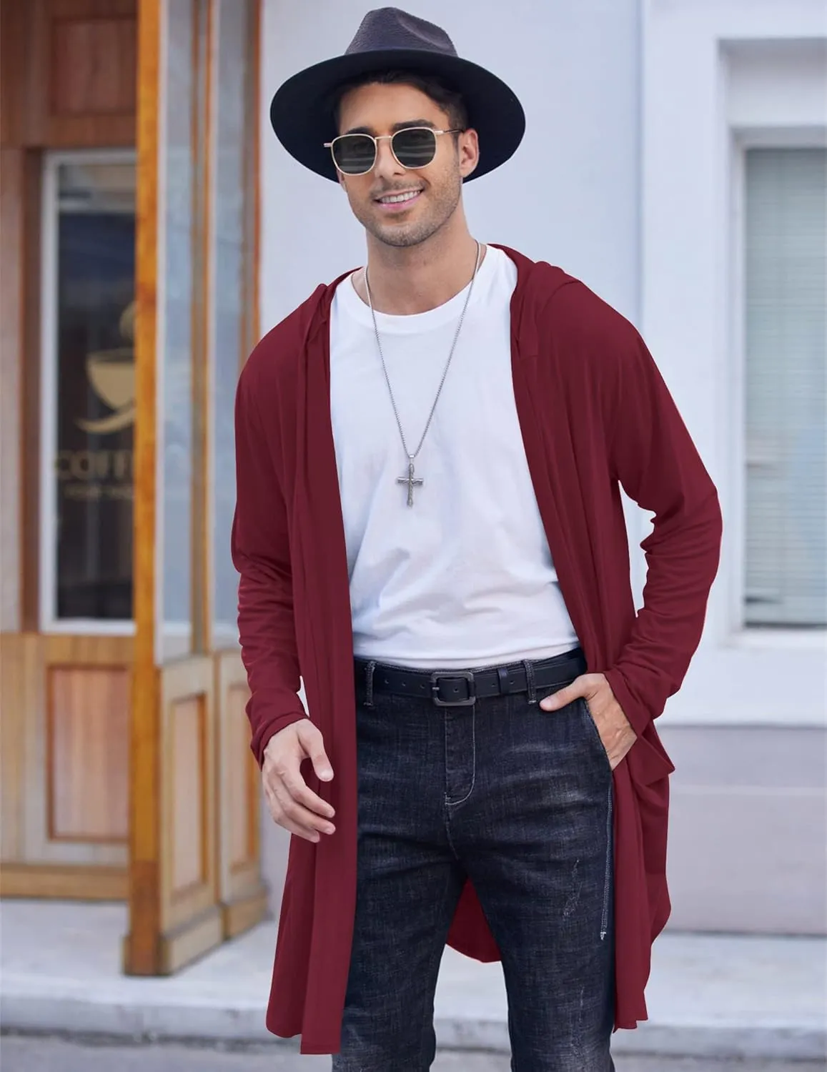 COOFANDY Men's Long Hooded Cardigan Shawl Collar Lightweight Open Front Drape Cape Overcoat with Pockets