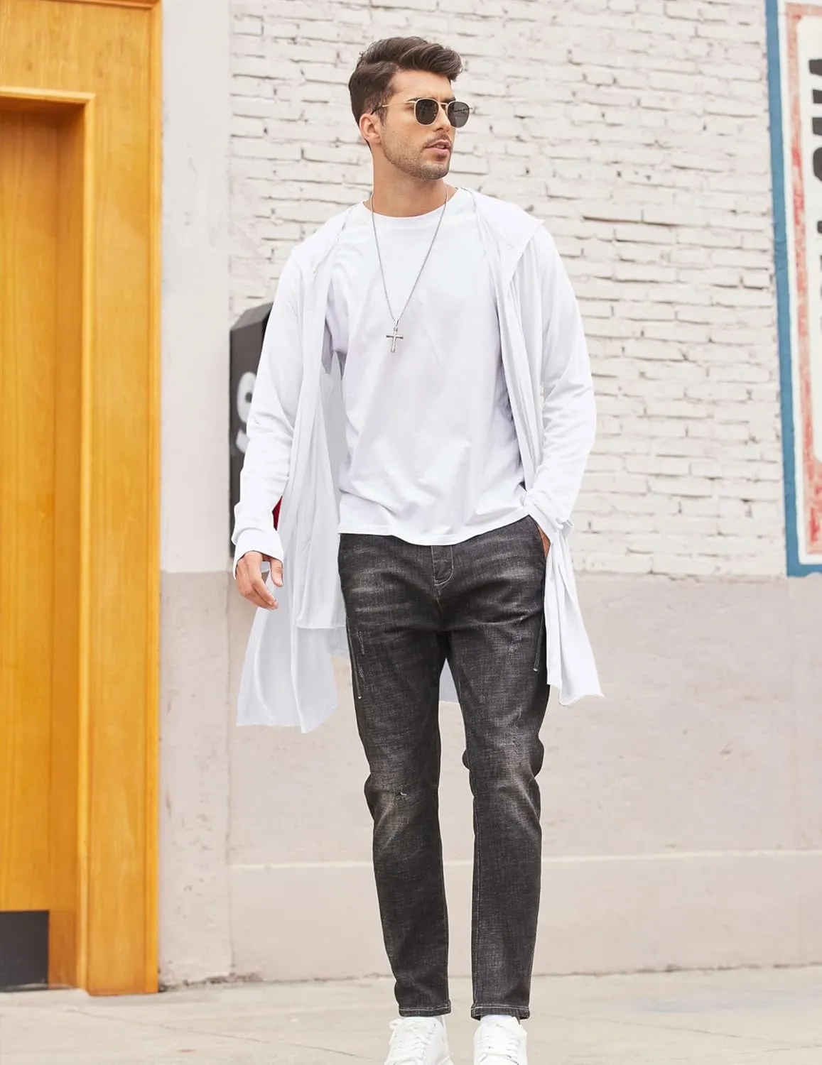 COOFANDY Men's Long Hooded Cardigan Shawl Collar Lightweight Open Front Drape Cape Overcoat with Pockets