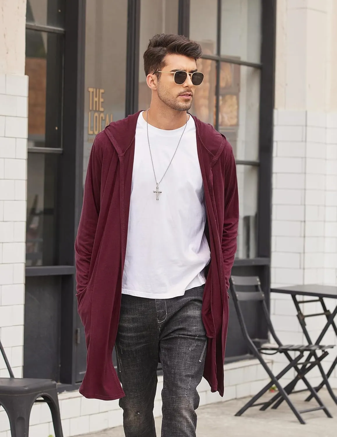 COOFANDY Men's Long Hooded Cardigan Shawl Collar Lightweight Open Front Drape Cape Overcoat with Pockets