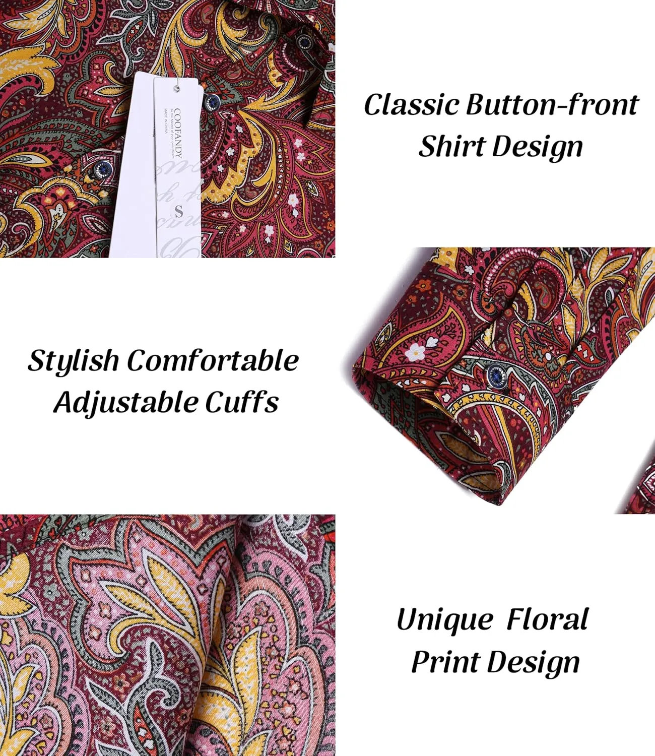 COOFANDY Men's Paisley Cotton Long Sleeve Shirt Floral Print Casual Retro Button Down Shirt