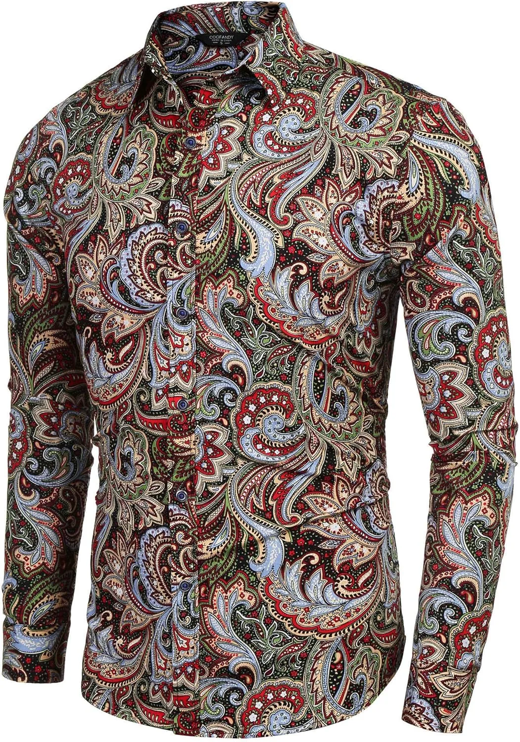COOFANDY Men's Paisley Cotton Long Sleeve Shirt Floral Print Casual Retro Button Down Shirt