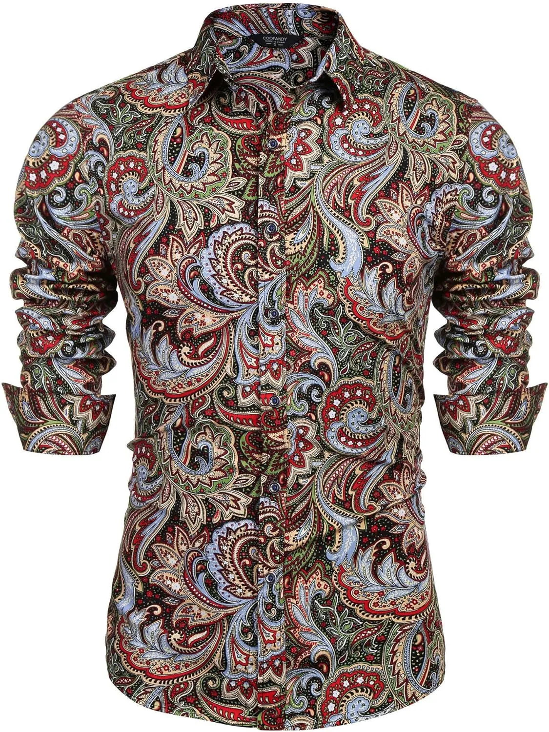 COOFANDY Men's Paisley Cotton Long Sleeve Shirt Floral Print Casual Retro Button Down Shirt
