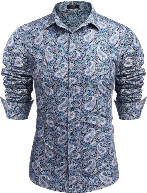 COOFANDY Men's Paisley Cotton Long Sleeve Shirt Floral Print Casual Retro Button Down Shirt