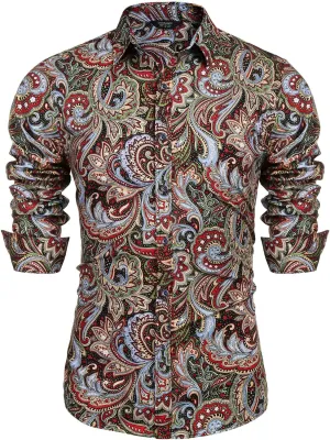 COOFANDY Men's Paisley Cotton Long Sleeve Shirt Floral Print Casual Retro Button Down Shirt