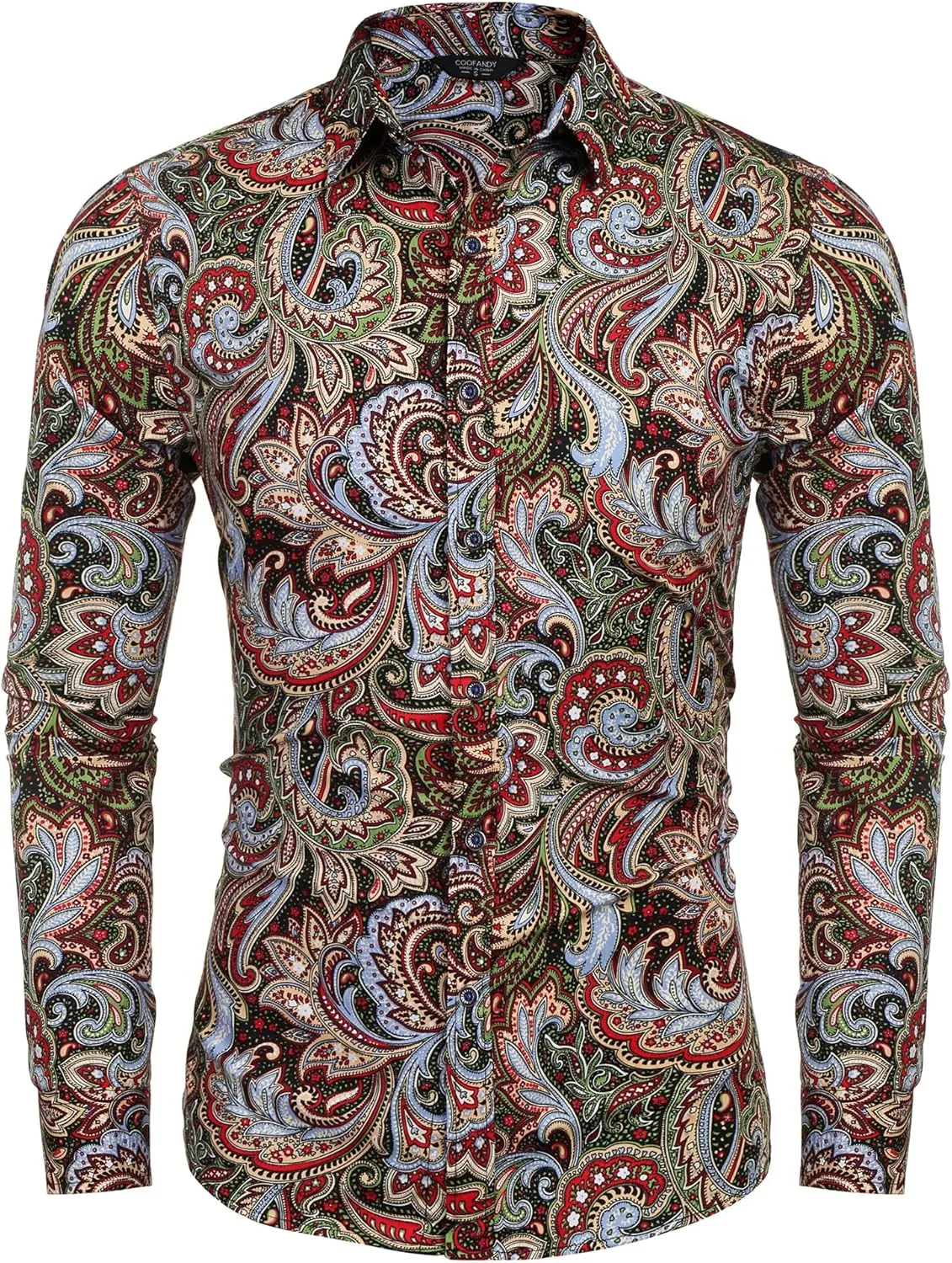 COOFANDY Men's Paisley Cotton Long Sleeve Shirt Floral Print Casual Retro Button Down Shirt