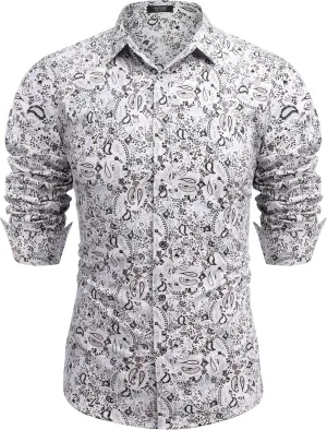 COOFANDY Men's Paisley Cotton Long Sleeve Shirt Floral Print Casual Retro Button Down Shirt