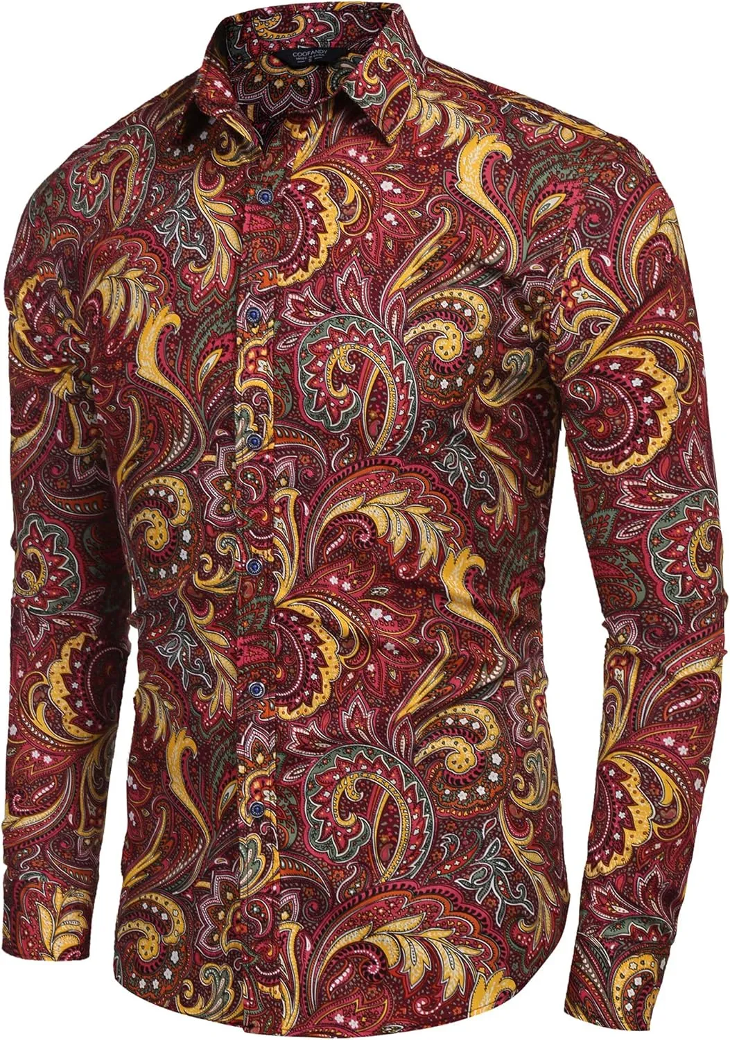 COOFANDY Men's Paisley Cotton Long Sleeve Shirt Floral Print Casual Retro Button Down Shirt