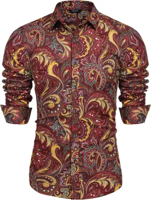 COOFANDY Men's Paisley Cotton Long Sleeve Shirt Floral Print Casual Retro Button Down Shirt