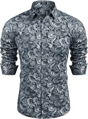 COOFANDY Men's Paisley Cotton Long Sleeve Shirt Floral Print Casual Retro Button Down Shirt