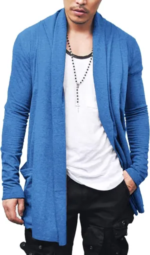 COOFANDY Men's Ruffle Shawl Collar Cardigan Open Front Lightweight Long Length Drape Cape Overcoat with Pockets