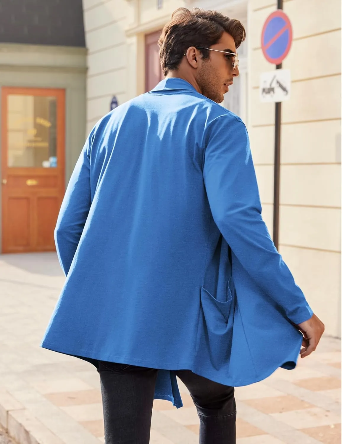 COOFANDY Men's Ruffle Shawl Collar Cardigan Open Front Lightweight Long Length Drape Cape Overcoat with Pockets