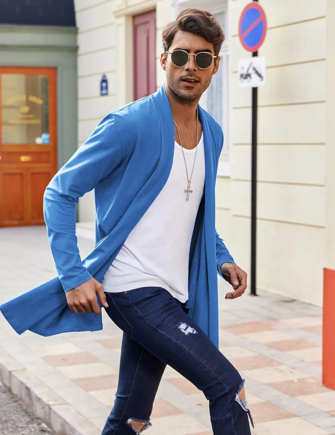 COOFANDY Men's Ruffle Shawl Collar Cardigan Open Front Lightweight Long Length Drape Cape Overcoat with Pockets