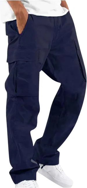 Cotton Cargo Trousers for Men,Solid Elastic Waist Straight Leg Slacks Slim Fit Bottoms Drawstring Pants for Men