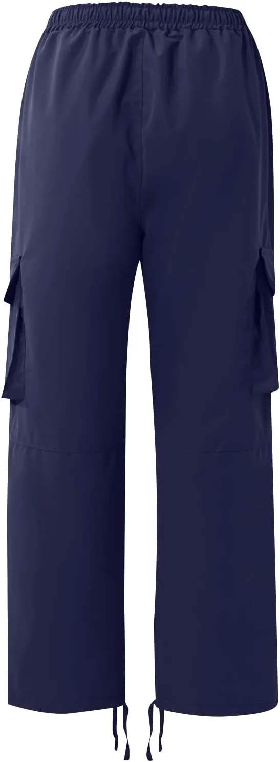Cotton Cargo Trousers for Men,Solid Elastic Waist Straight Leg Slacks Slim Fit Bottoms Drawstring Pants for Men