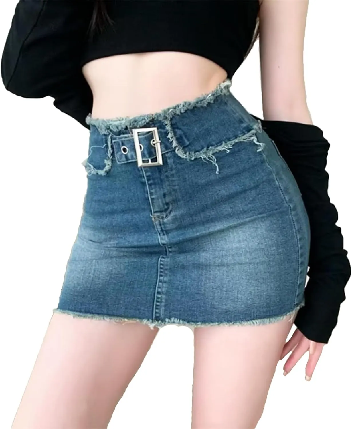 Denim Short Skirt for Women Stretch High Waisted Slim Fit A-Line Mini Pencil Skirts with Inner Lining