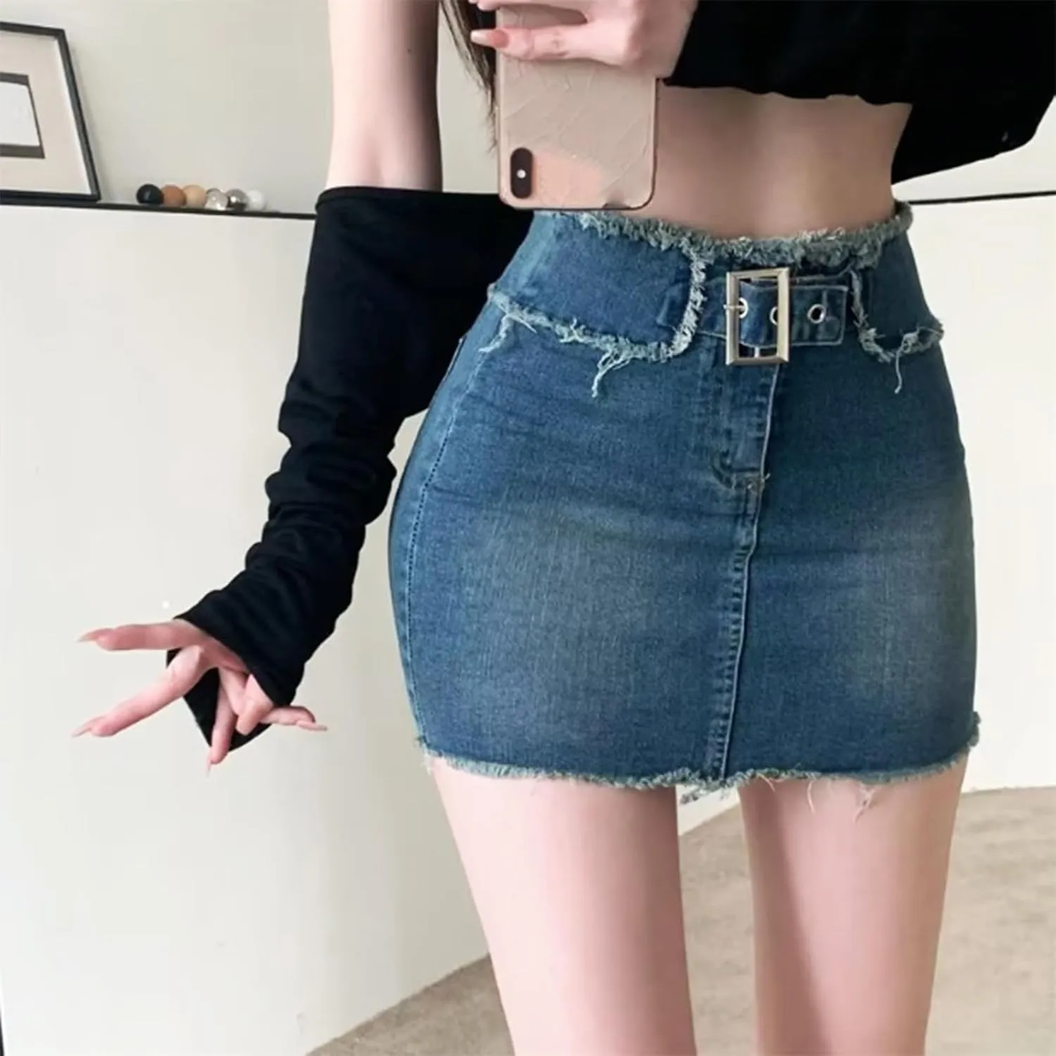 Denim Short Skirt for Women Stretch High Waisted Slim Fit A-Line Mini Pencil Skirts with Inner Lining