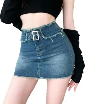Denim Short Skirt for Women Stretch High Waisted Slim Fit A-Line Mini Pencil Skirts with Inner Lining