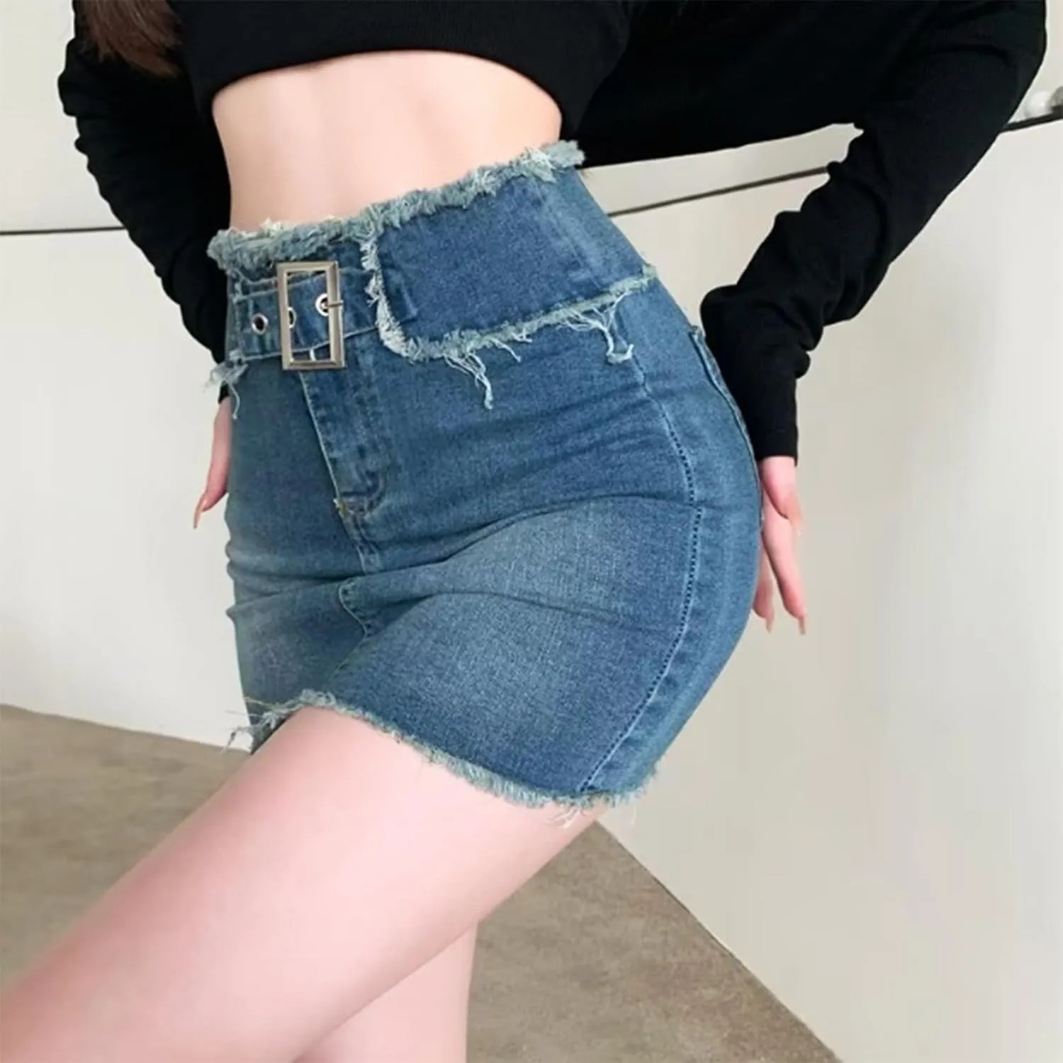 Denim Short Skirt for Women Stretch High Waisted Slim Fit A-Line Mini Pencil Skirts with Inner Lining