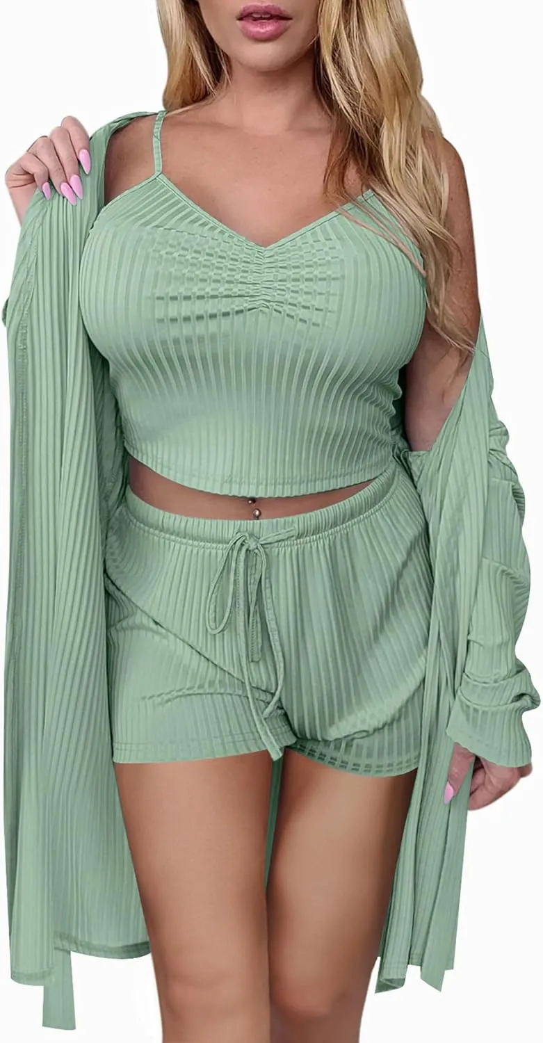 Ekouaer Rib Knit Pajamas Set for Women 3 Piece Lounge Sets Soft Cami and Shorts Pjs with Cardigan Loungewear S-XXL